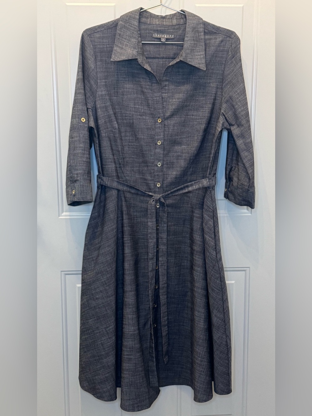 Sharagano Grey Heathered Shirt Dress Sz 12 Minimalist Career Casual Tab Sleeves